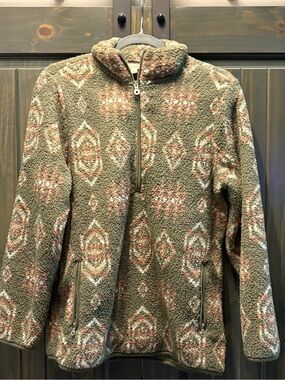 Olive Patterned Sherpa Quarter-Zip Pullover Jacket